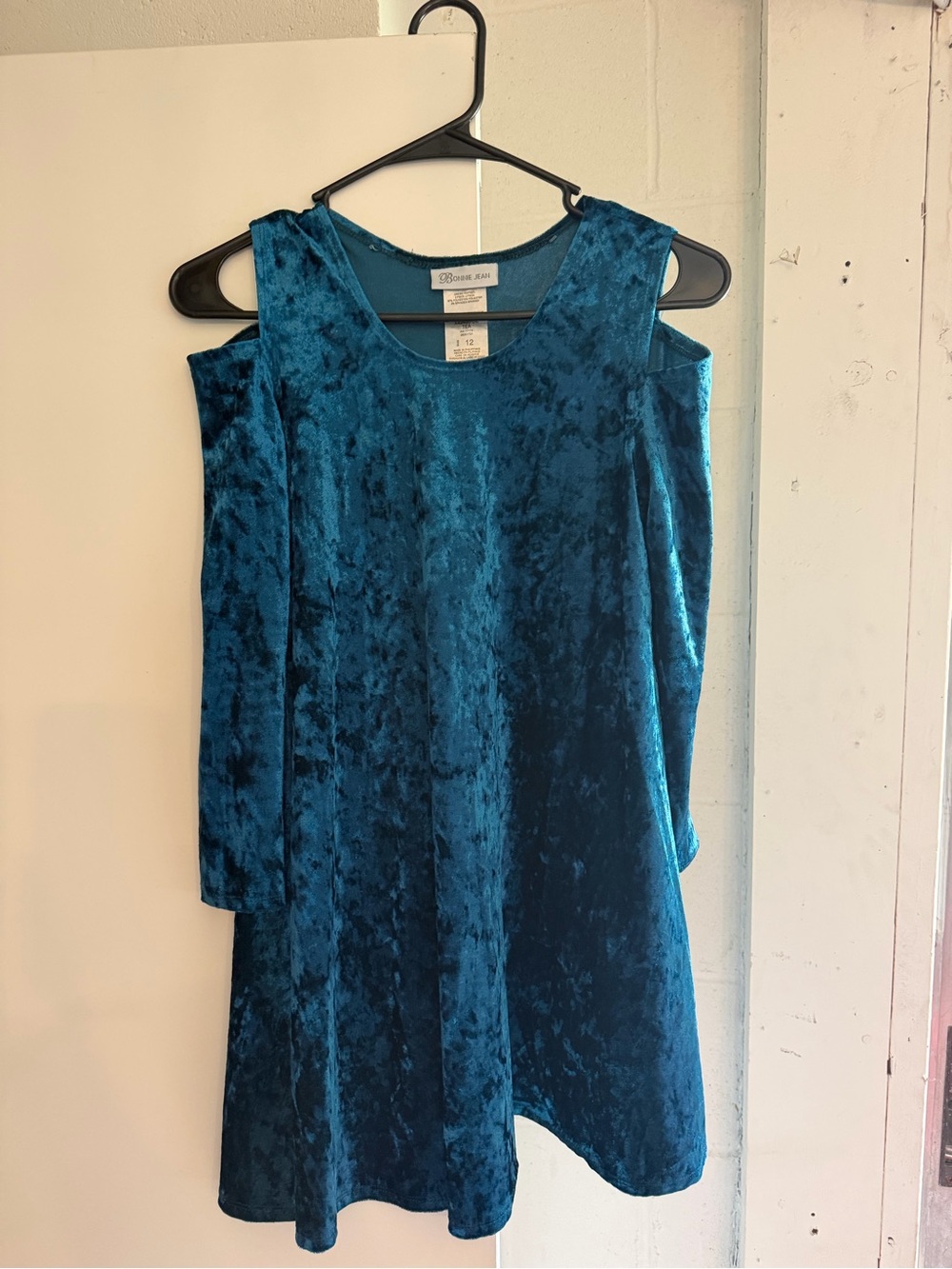 Bonnie & Jean  Teal Crushed Velvet Cold-Shoulder Dress